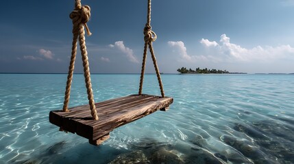 Naklejka premium Tropical rope swing over turquoise water minimal beach composition serene perspective island hammock vibe