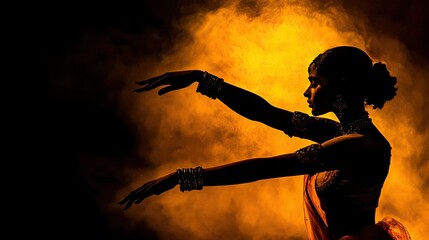 Obraz premium A silhouetted female dancer gracefully performing against a vibrant background