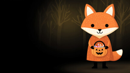 Obraz premium Cute fox in an orange Halloween costume holding a pumpkin candy bucket in a spooky forest