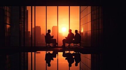 Silhouetted business people discussing plans with sunset background view
