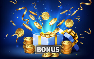 gift box open and coin explosion.stacks of gold coins vector illustration.bonus,promotion,discount,offer and casino winner concept business and sale banner. 