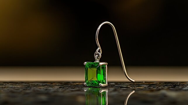 A single green gemstone earring is displayed on a reflective surface