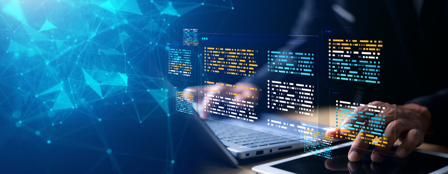 Software development concepts and programming for various devices. coding process. chart. testing platform Data analytics. Software Engineer Computer programmer.