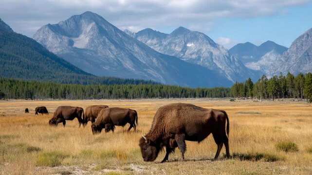 A herd of bison grazes peacefully in a vast meadow surrounded by majestic mountains and lush forests, capturing the beauty of nature's wilderness in perfect harmony.