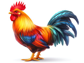 Fototapeta premium A colorful red and brown rooster, a domestic fowl, stands isolated on a white background