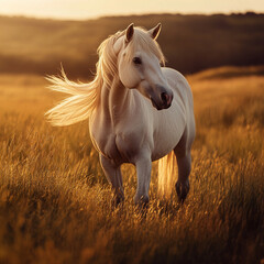 Majestic horse standing or grazing in a wide open field with tall grass and natural sunlight, surrounded by countryside scenery, symbolizing freedom, strength, and serene rural life