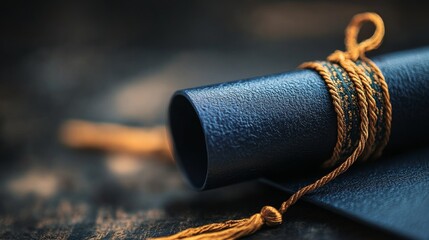 Artistic Close-Up of a Tied Graduation Diploma, Representing Academic Achievement and Future Aspirations in Dark Blue and Gold Colors