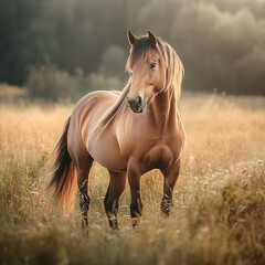 Majestic horse standing or grazing in a wide open field with tall grass and natural sunlight, surrounded by countryside scenery, symbolizing freedom, strength, and serene rural life