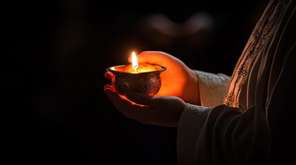 A person holding a lit candle in ornate metal vessel