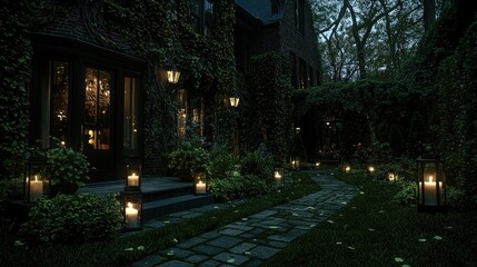 Obraz premium A mysterious house surrounded by candles and lush overgrown greenery