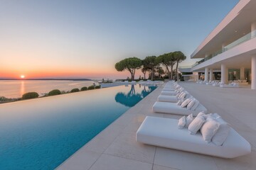 Fototapeta premium A Luxurious Infinity Pool Retreat Overlooking the Stunning Sunset Ocean View