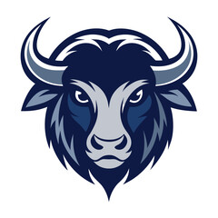 Fototapeta premium A blue bull head stares intensely forward against a transparent backdrop, featuring prominent horns