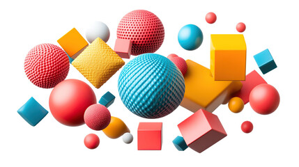 Colorful 3D shapes including spheres and cubes isolated on transparent background. PNG
