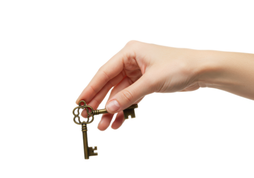 Woman's hand holding key, cropped isolated on White background