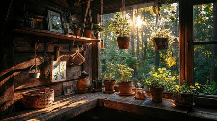 Obraz premium A rustic indoor space filled with hanging plants and sunlight