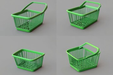 Green plastic basket four views on white background on transparent background