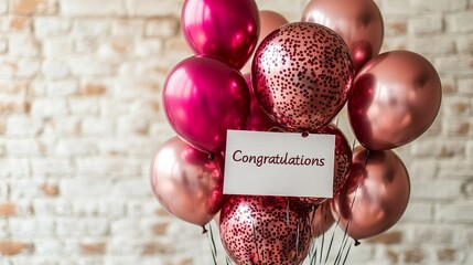 Celebratory Bunch: Rose Gold and Crimson Balloons with Congratulations Card for Special Occasions