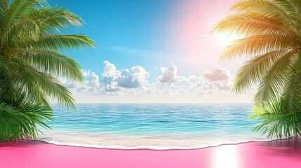 Fototapeta premium Paradise Beach View with Pink Floor Mockup for Summer Backdrop and Product Presentation, Featuring Blue Ocean, Sky, Palm Trees, and Sunlight