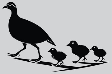A quail family walking together image silhouette design vector art and illustration