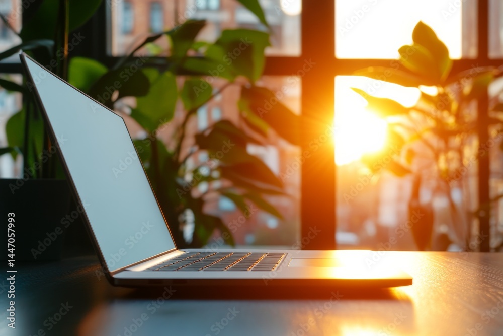 Aufkleber sleek laptop open on a modern desk as warm sunlight filters through large windows, creating a cozy a