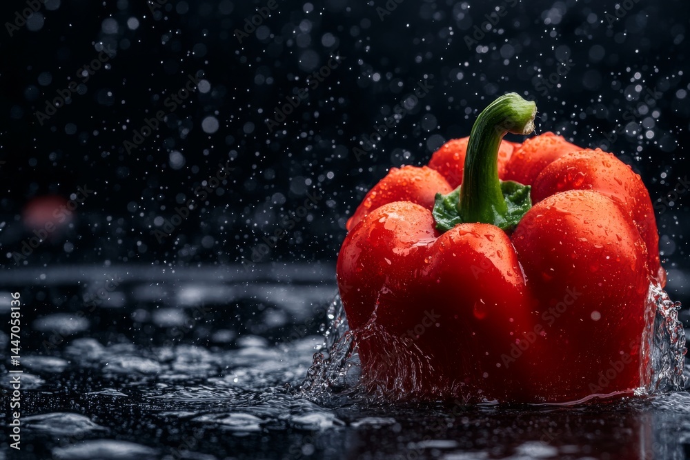 Poster a bright red pepper plunges into water, sending droplets flying and capturing the essence of freshne