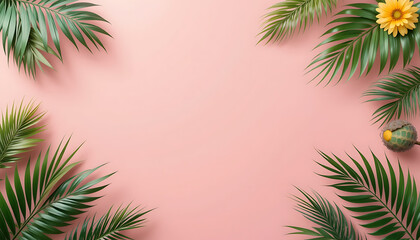 Palm Leaves and Flower on Pink Background