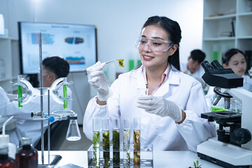 Fototapeta premium In the green laboratory, science and chemistry merge as biology experts conduct research, test each experiment carefully, and aim to improve global health.