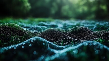 Dew-kissed, undulating grass field at dawn