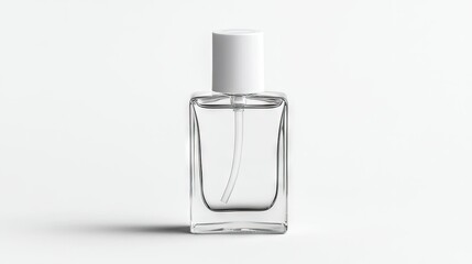 A transparent glass perfume bottle with white spray top