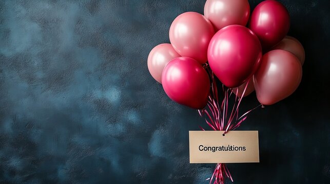 Vibrant pink balloons tied to a congratulatory note against a textured blue backdrop, symbolizing celebration and achievements