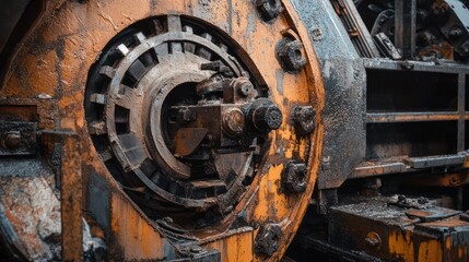 Close-up of a heavily weathered industrial machine with intricate gears and components
