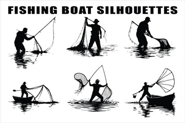 Fototapeta premium Silhouettes of Men and Dogs Fishing