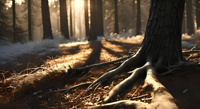 Tree Roots in a Snowy Winter Forest at Sunrise