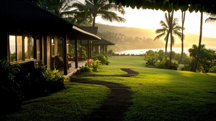 A beautiful landscape view includes a house and ocean shoreline