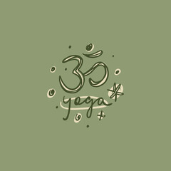 Calligraphic minimalistic lettering yoga logo or icon colorful Om or Oum, meditation Reiki modern brush hand-drawn linear drawing handmade style, sun and lotus symbols of life, calm palette, chakra