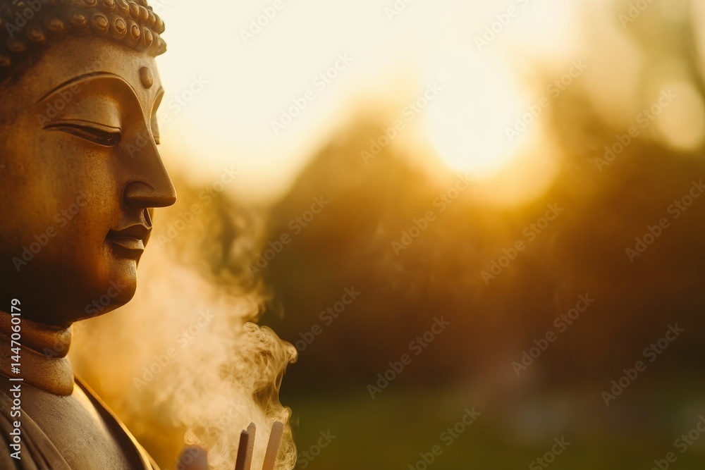 Poster buddha statue exudes tranquility as incense smoke gracefully envelops it in soft golden light, creat