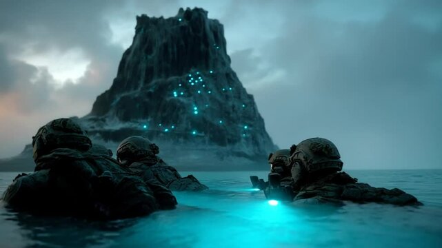 Underwater Black Ops Team Approaches Fortified Island at Dusk Generative AI
