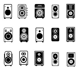 Audio speakers icon set, black and white illustration. vector