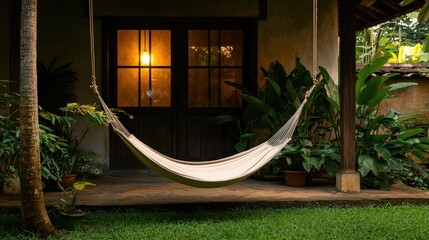 A relaxing outdoor scene with a hammock and warm lighting