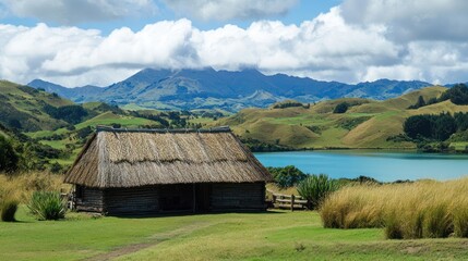 Obraz premium Idyllic rural landscape featuring a thatched hut nestled beside a serene lake