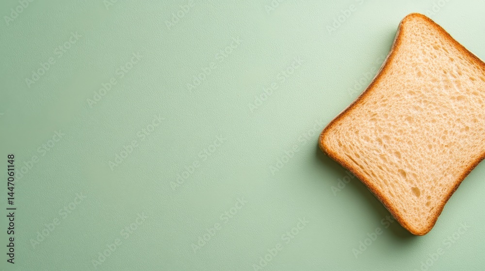 Poster golden-brown toasted bread slice rests on a pastel green backdrop, showcasing faint shadows that add
