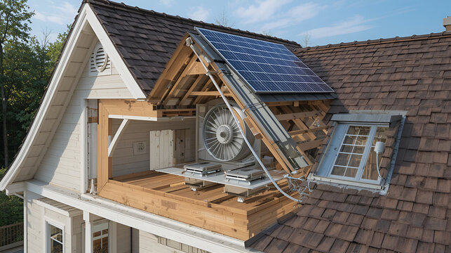 A cutaway view of a home showing a solar attic fan working alongside traditional vents to regulate attic temperature efficiently