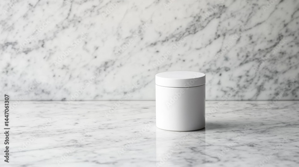 Poster A white ceramic jar with a lid sits on a marble countertop, accented by soft shadows. The composition allows for ample copy space, emphasizing simplicity