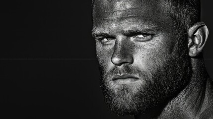 A close up black and white portrait of a bearded man