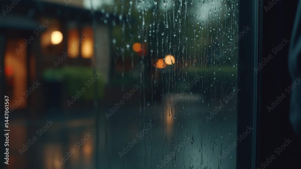 Poster raindrops slide down a glass window while a blurred green garden offers a serene backdrop, creating 
