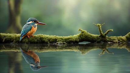 Common kingfisher perched on mossy branch over calm river, reflection in water, natural forest background.
