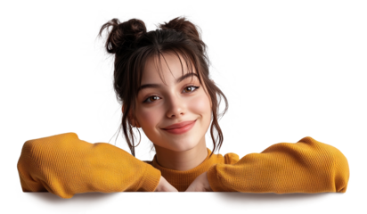 Smiling young woman leaning on blank space, isolated on transparent cutout background