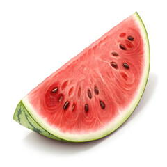 A single thin wedge or slice of watermelon, showing its vibrant pink-red flesh, dark seeds, and refreshing, juicy texture.