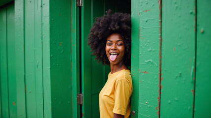 A portrait of a young woman playfully sticking out her tongue