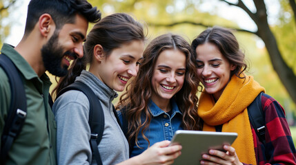 Obraz premium Young people in a park or garden, looking at a tablet.